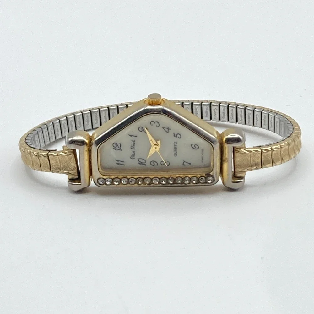 Pierre Nicol Half Moon Womens Watch Gold Tone Crystals MOP New Battery SMALL